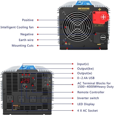 الثقيلة 12V 2.4A عاكس الطاقة الشمسية الهجين LED 4000W محض موجة جيبية عاكس الطاقة