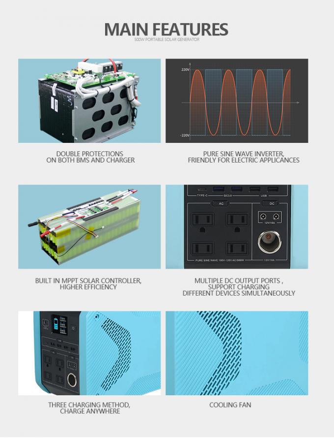500W 10A الشمسية المحمولة نظام امدادات الطاقة للتخييم 720Wh 1